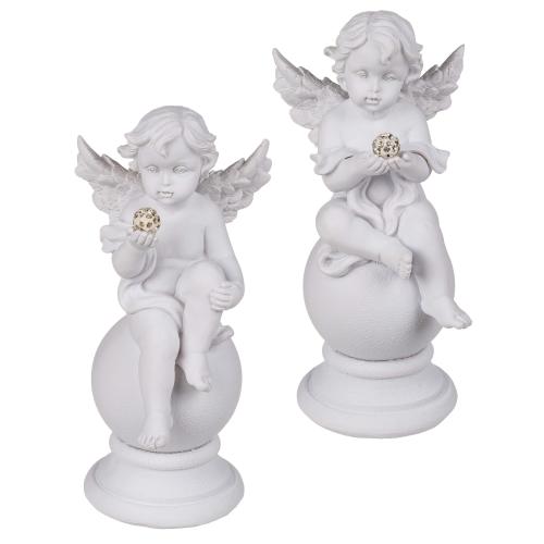 2er Set sitzende Polyresin Engelsfiguren auf Kugel mit Kristalldeko